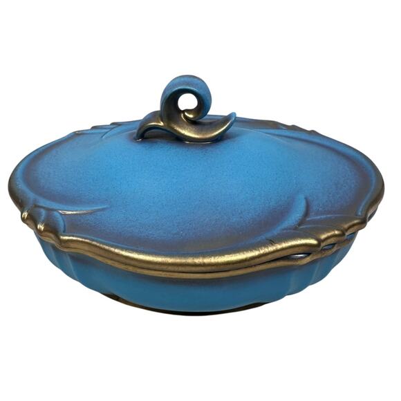 Vintage Wien Keramos Ceramic Dish with‎ Lid 8" Blue & Metallic Gold Matte 3207 - Picture 3 of 11